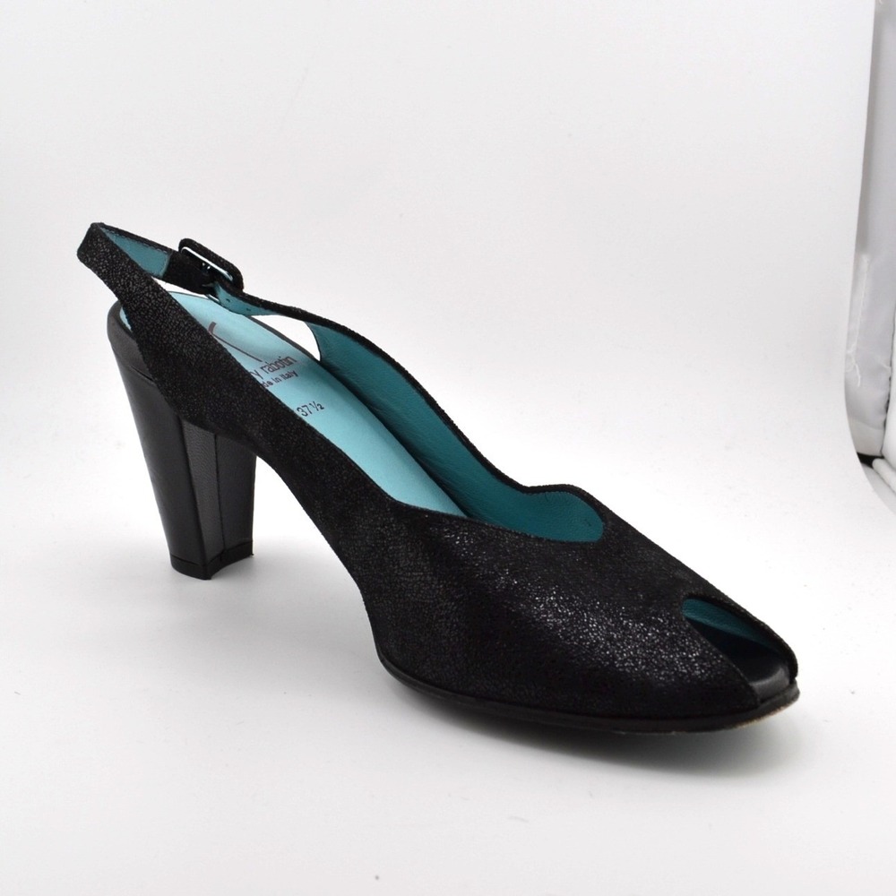 Thierry Rabotin Peep Toe Pump Women 37.5 Black Slingback Block Heel Event 7/7.5